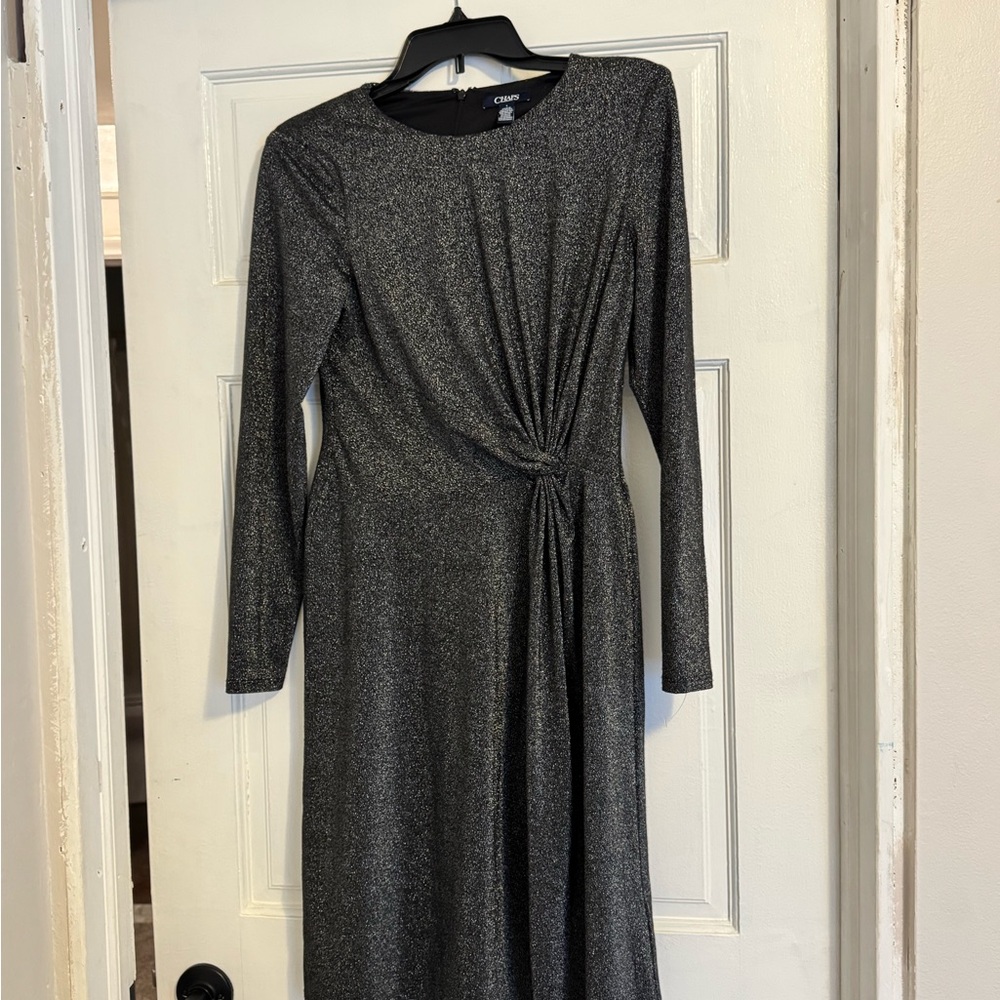Chaps black shimmer faux wrap dress special occasion dress size 4 long sleeve